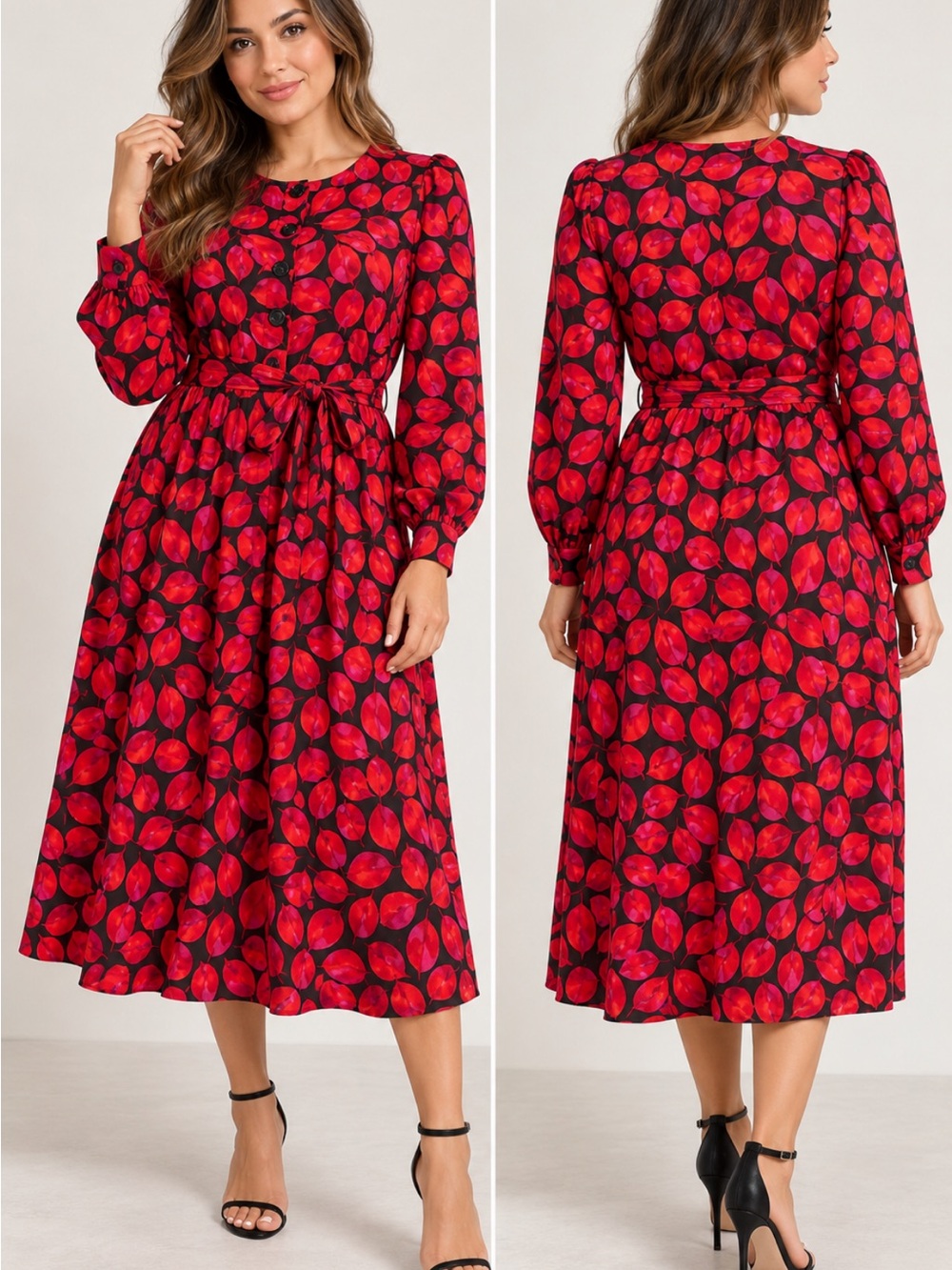Who What Wear Red Leaf-Print Long Sleeve Midi Dress